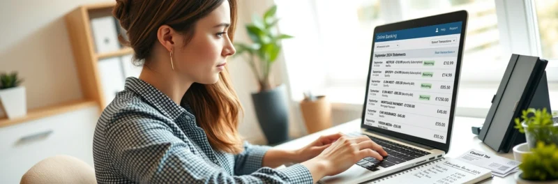 Woman setting up automatic savings transfers on a laptop in a bright home office.