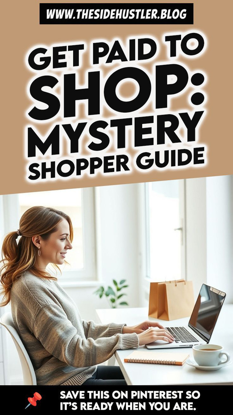 Smiling woman working from home on a laptop with a shopping bag beside her, representing a mystery shopping side hustle in 2026.