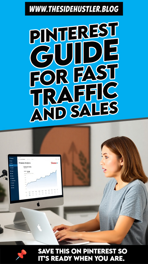 Woman analyzing Pinterest traffic growth on desktop, representing a fast Pinterest guide for driving sales in 2026.