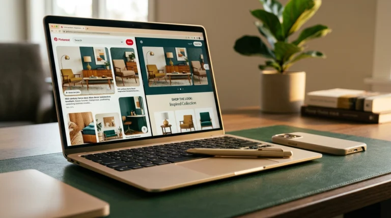 A Champagne-gold laptop showing a matching Pinterest pin and landing page, illustrating Pinterest landing page design.