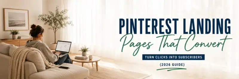 woman reviewing her Pinterest landing page design on a laptop on the sofa