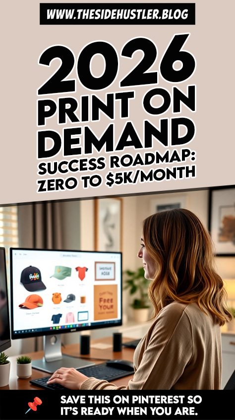 Woman browsing print on demand product designs on desktop, representing a roadmap to $5K/month in 2026.