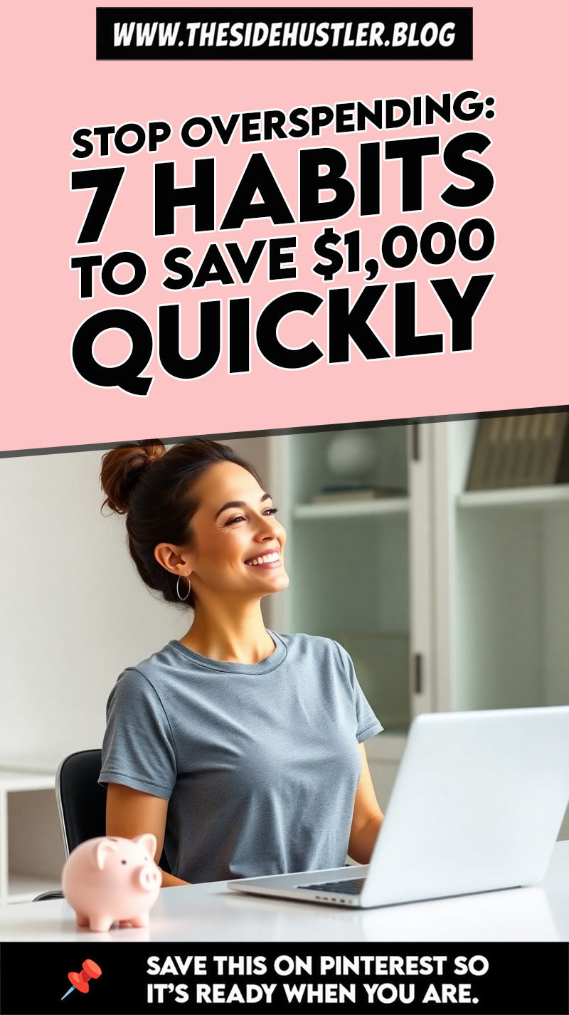 Woman smiling at desk with laptop and piggy bank, representing 7 financial habits to save $1,000 quickly in 2026.