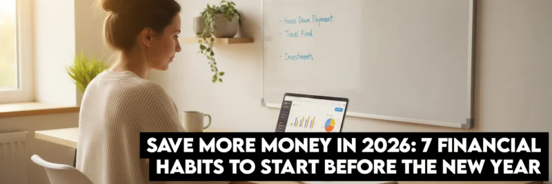 Woman budgeting at home office to save more money in 2026, using laptop with financial software, calculator, notebook, and whiteboard with savings plan visible in minimalist workspace with natural lighting.