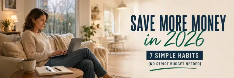 Woman planning how to save more money in 2026 from her living room sofa