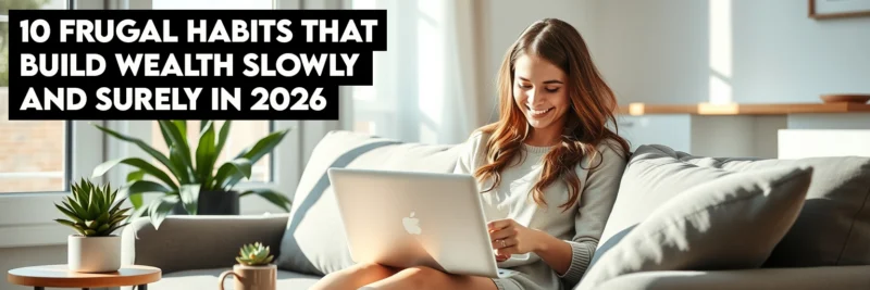 A woman managing her finances and frugal habits that build wealth on her laptop at home.