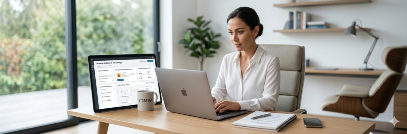 Woman reviewing email newsletter strategy and email marketing tools on a laptop in a modern workspace.