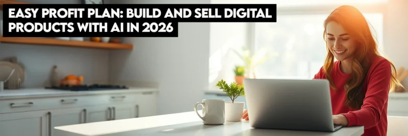 A woman learning how to build and sell digital products with AI from her home office.