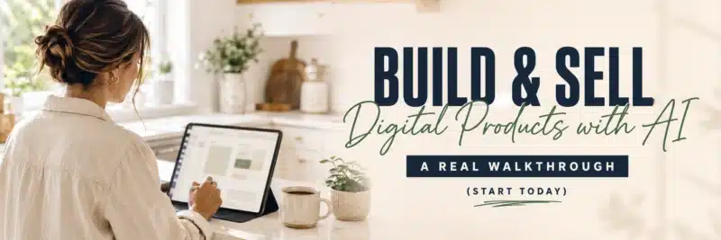 A woman in her thirties designing on a tablet at a kitchen counter, showing how to build and sell digital products with AI