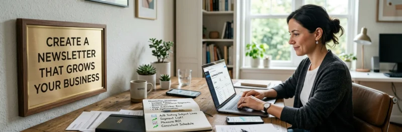 Female business owner planning how to create a newsletter that grows your business in a modern office.