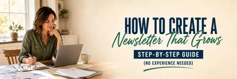 Woman at a dining table workspace planning how to create a newsletter that grows her business