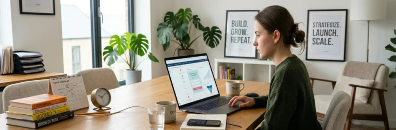 Woman creating signup forms and lead magnets to grow your email list from a laptop.