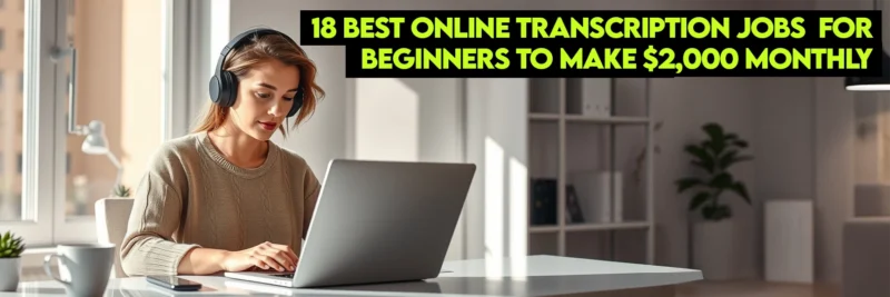 A woman working on online transcription jobs from a comfortable home office.