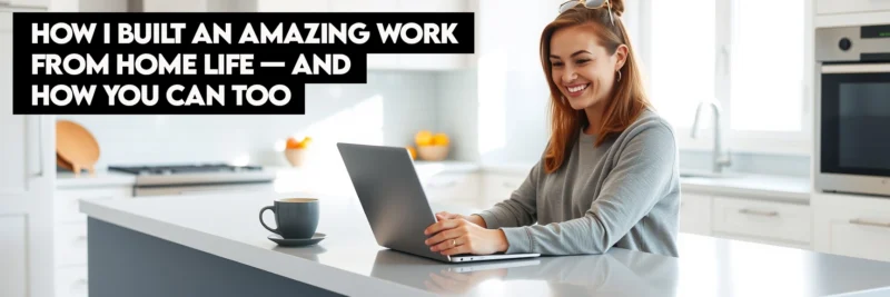 A woman enjoying the flexibility of her work from home lifestyle on her laptop in a bright, modern kitchen setting.