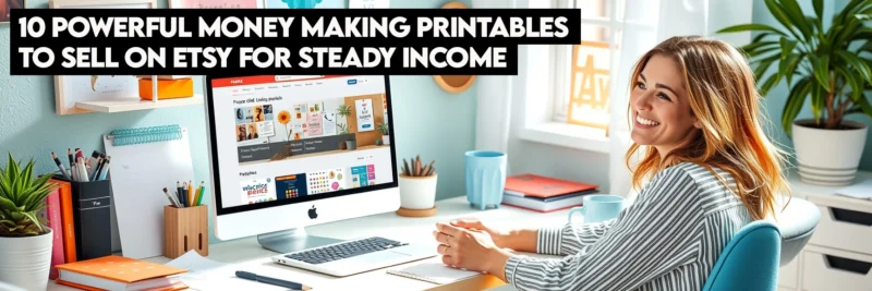 A woman in a home office happily managing her shop and choosing new printables to sell on Etsy.