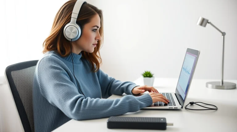 A woman wearing professional headphones and using a foot pedal for transcription work.