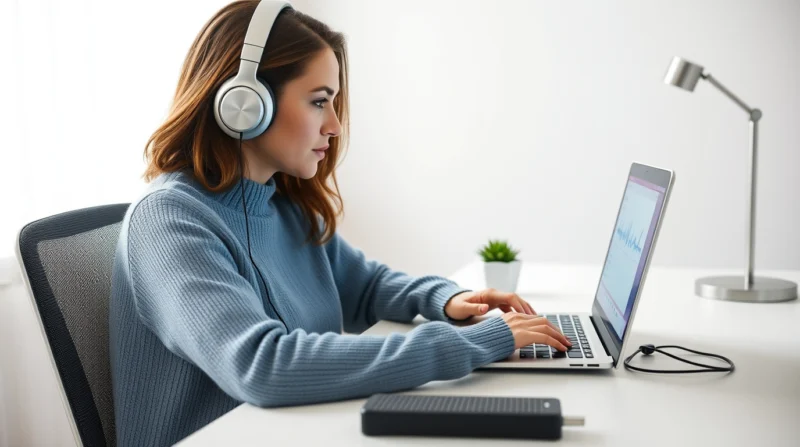 A woman wearing professional headphones and using a foot pedal for transcription work.