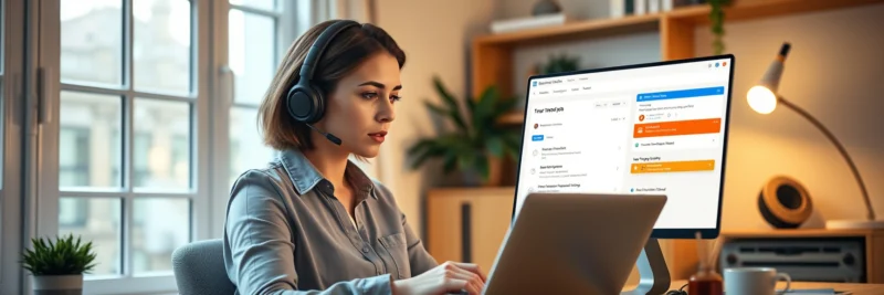 Woman researching the best online transcription jobs for beginners on a laptop from her home office.