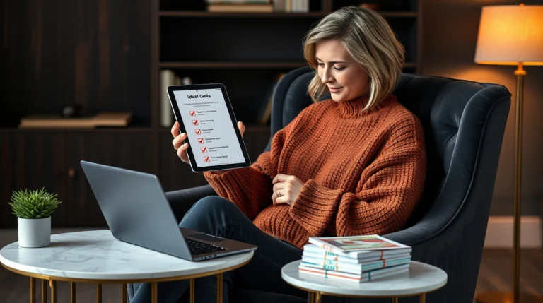 A woman in a copper sweater reviewing a digital checklist freebie on her tablet.