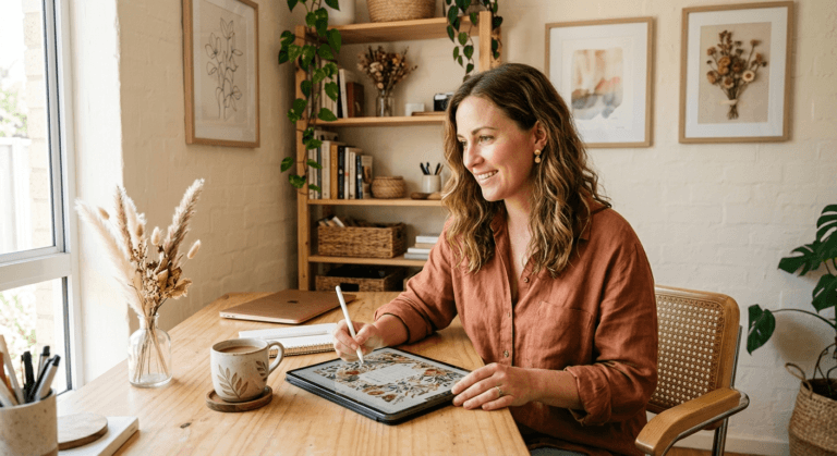 A creative entrepreneur designing digital planners to sell on Etsy in a boho home office.
