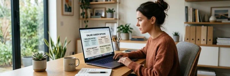Woman researching the best work from home jobs on a laptop in a bright home office.