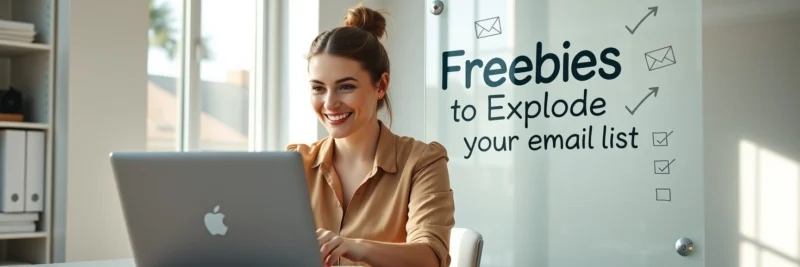 Woman marketer in a home office next to a board reading “Freebies to Explode your email list” with email list growth visuals.