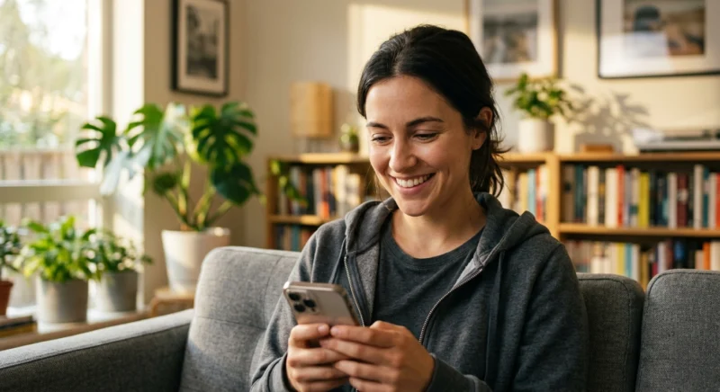 A side-hustler happily checking his Freecash earnings on his phone in a modern living room.