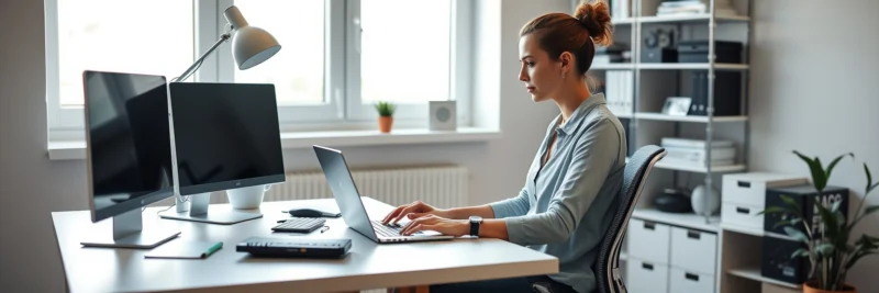 Woman creating a dedicated home office setup with an organized desk and laptop for remote work.

SEO Caption