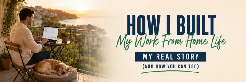 Man building his work from home life on a laptop on a balcony