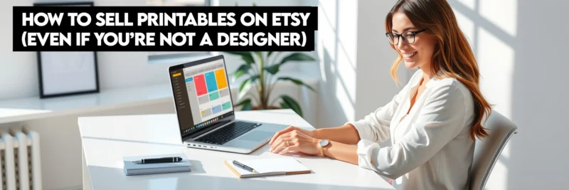 A woman learning how to sell printables on Etsy even though she isn't a professional designer.