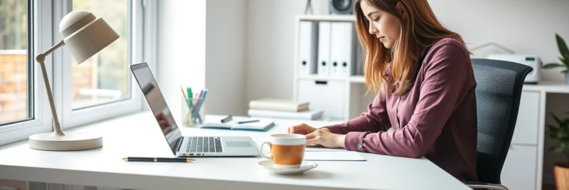 Woman creating an organized desk setup as part of learning how to start working from home successfully.