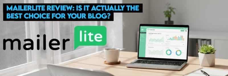 A modern home office desk with a laptop displaying the MailerLite review dashboard and email growth charts as the main image for the MailerLite review