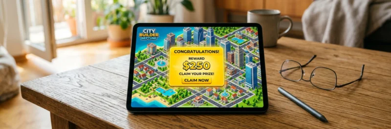 A tablet showing a high-paying mobile game offer on the Freecash earn page.
