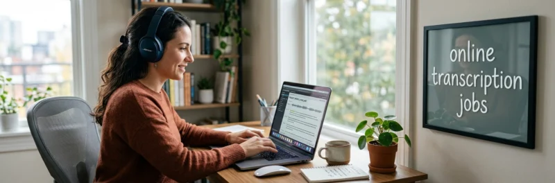 Woman working from home on online transcription jobs with headphones and laptop in a bright home office.