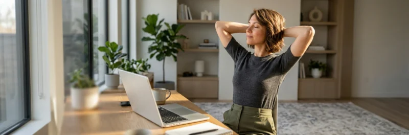 Woman taking a break in natural light to support remote work success and productivity at home.