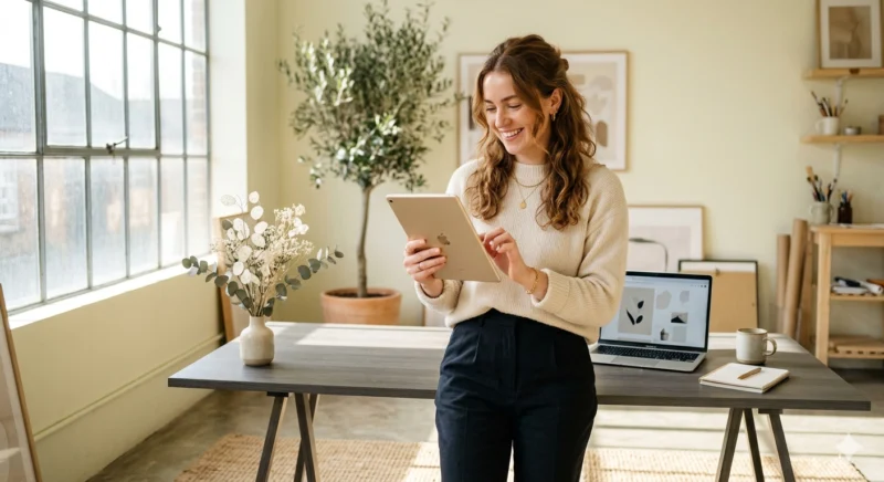 A happy entrepreneur holding a tablet in a bright studio, representing an Etsy printable business.