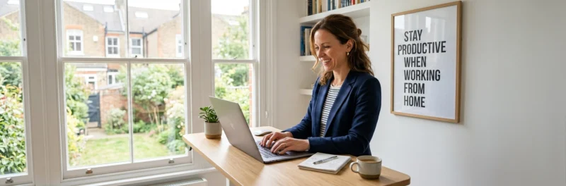 Professional woman at a standing desk learning how to stay productive when working from home in a bright home office.