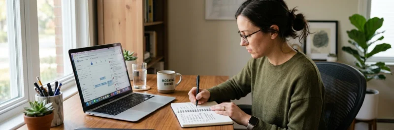 Woman organizing tasks and schedule at her desk to improve time management for remote workers.