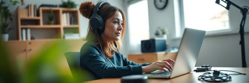 Woman using headphones laptop and foot pedal for online transcription jobs in a home office.