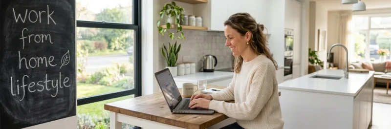 Woman enjoying a productive work from home lifestyle on a laptop in a bright modern home setting.
