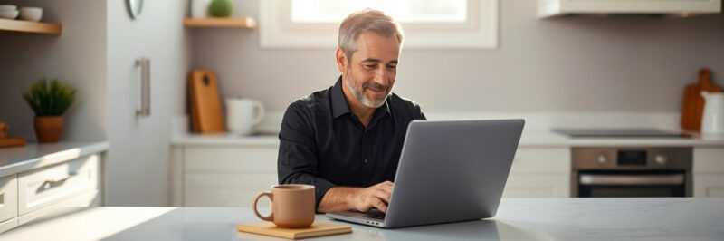 A man working on a laptop in a kitchen setting, illustrating TheSideHustlers's AI Content Policy.