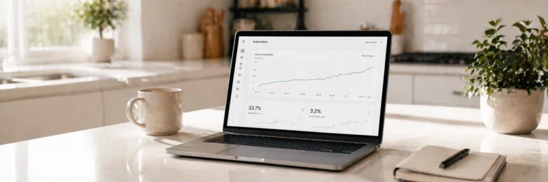 Laptop showing email marketing analytics dashboard with increasing open rates and click rates from automated welcome emails