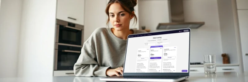 Woman in casual clothes at a bright white kitchen island with laptop showing Hostinger hosting plan comparison page with low monthly pricing illustrating the low cost benefits of blogging