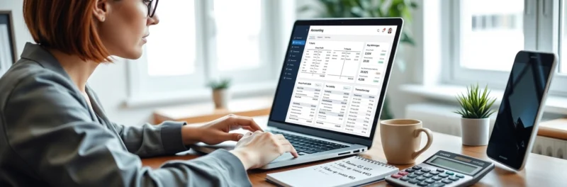 Female freelancer using bookkeeping software on a laptop in a bright home office.