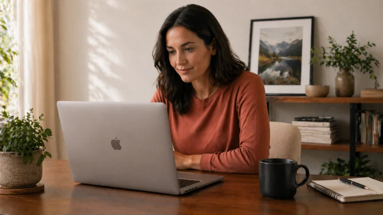 Laptop on a home office desk displaying an email marketing platform dashboard while comparing different tools