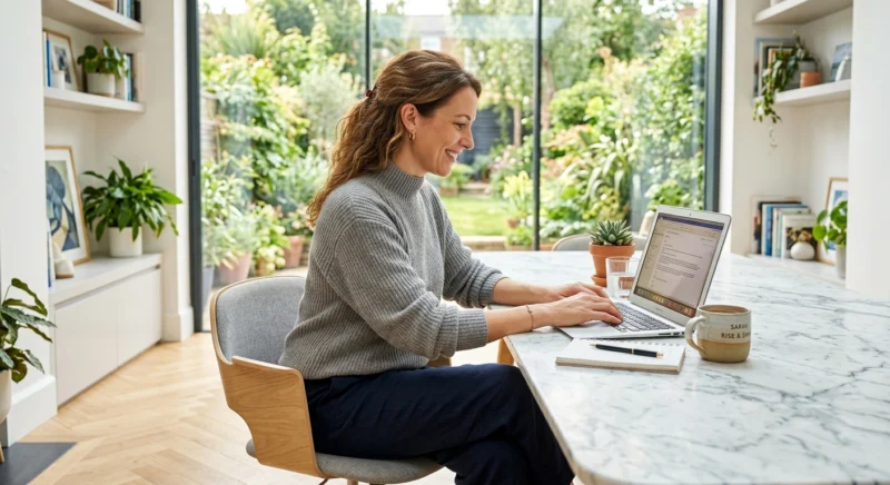 A woman comfortably managing her business using the best email marketing tools in a bright home office.