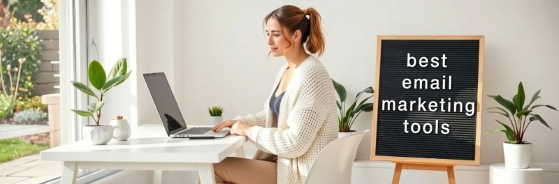 A woman in a sun-drenched office next to a sign that says best email marketing tools.