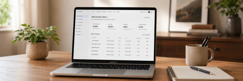 Laptop displaying an email marketing dashboard with subscriber and campaign data
