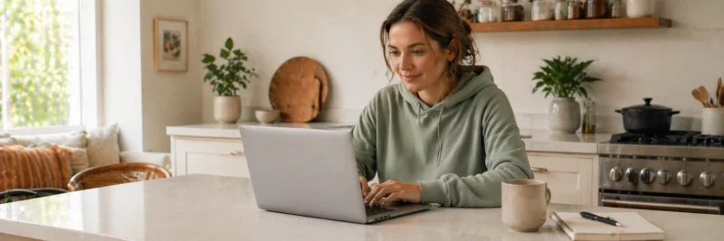 Woman at kitchen island using a laptop showing a drag and drop email editor for beginners