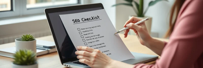 Female blogger following a blog SEO checklist while optimizing a blog post